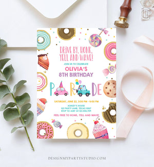 Editable Drive By Birthday Parade Invitation Virtual Party Invite Honk Wave Car Girl Pink Sweets Candy Instant Download Digital Corjl 0339