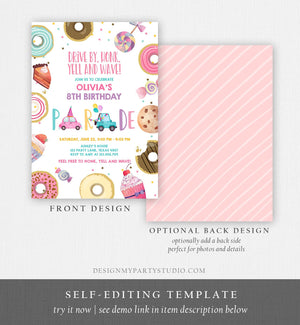 Editable Drive By Birthday Parade Invitation Virtual Party Invite Honk Wave Car Girl Pink Sweets Candy Instant Download Digital Corjl 0339