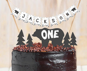 Lumberjack Cake Topper First Birthday Adventure Black and White Woodland Party Name Banner Bear Mountains party decor PRINTABLE Digital 0083