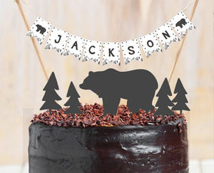 Lumberjack Cake Topper Wild Adventure Birthday Black and White Woodland Party Name Banner Bear Mountains party decor PRINTABLE Digital 0083
