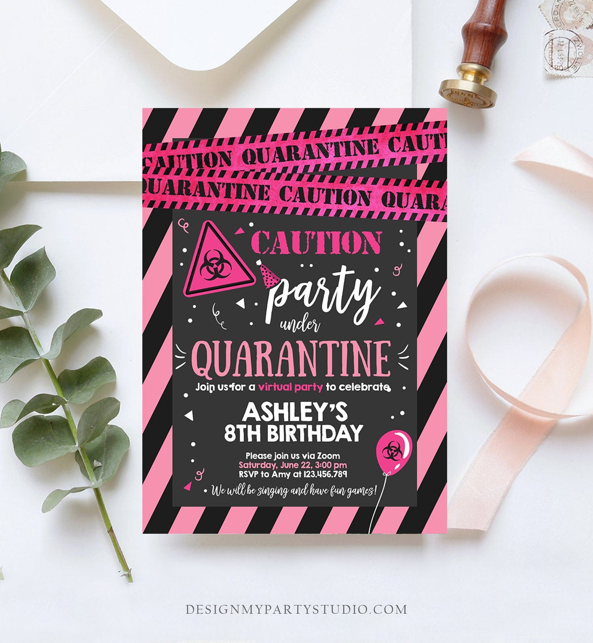 Editable Quarantine Birthday Invitation Virtual Party Quarantine Birthday Party Zoom Birthday Girl Pink Instant Download Digital Corjl 0334