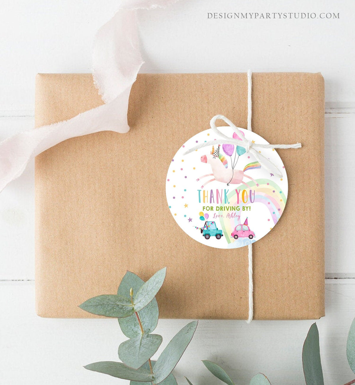 Editable Unicorn Drive By Favor Tag Drive By Birthday Parade Thank You Gift Tags Magical Rainbow Girl Round Sticker Corjl Template 0336
