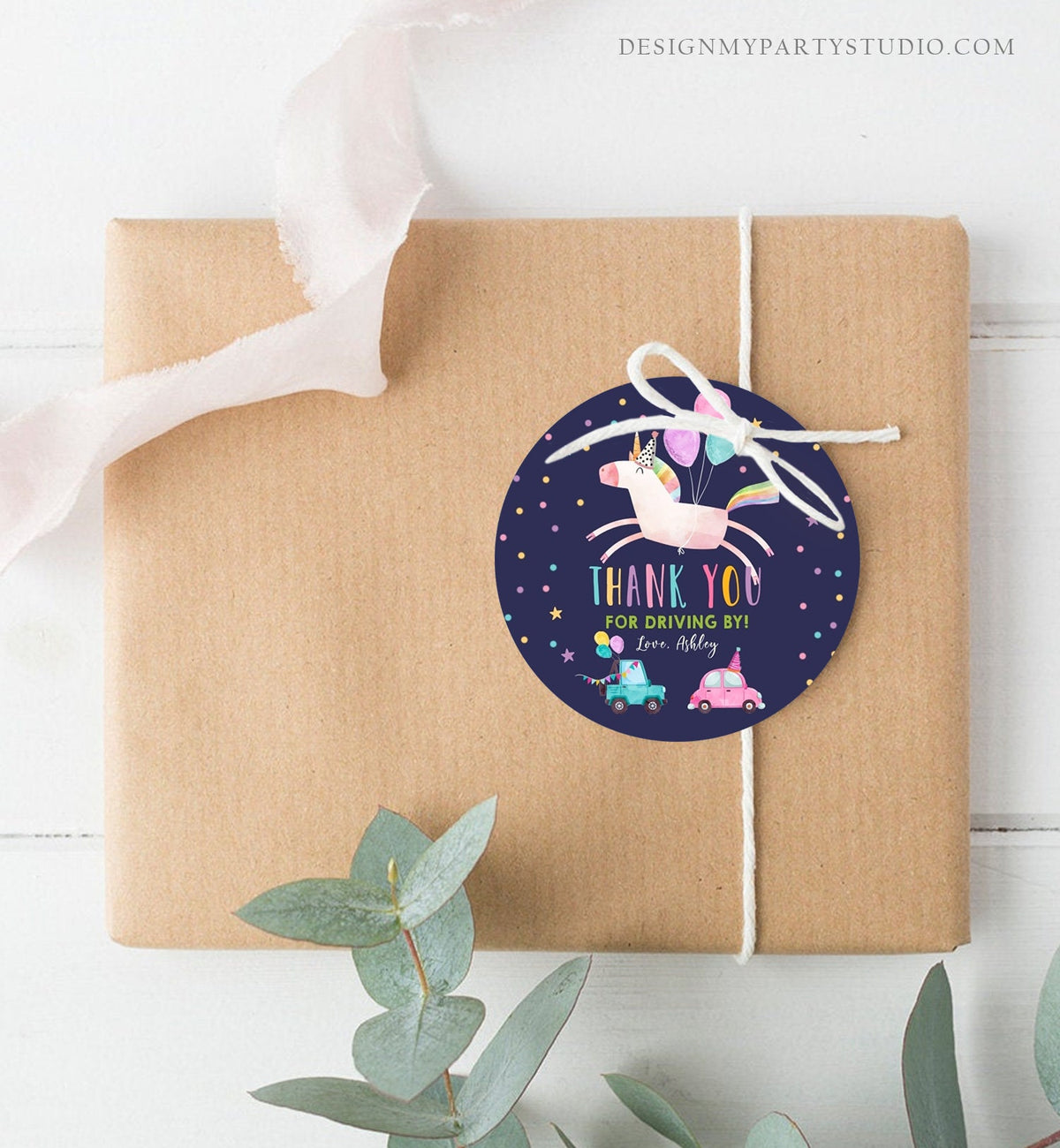 Editable Unicorn Drive By Favor Tag Drive By Birthday Parade Thank You Gift Tags Magical Rainbow Girl Round Sticker Corjl Template 0336