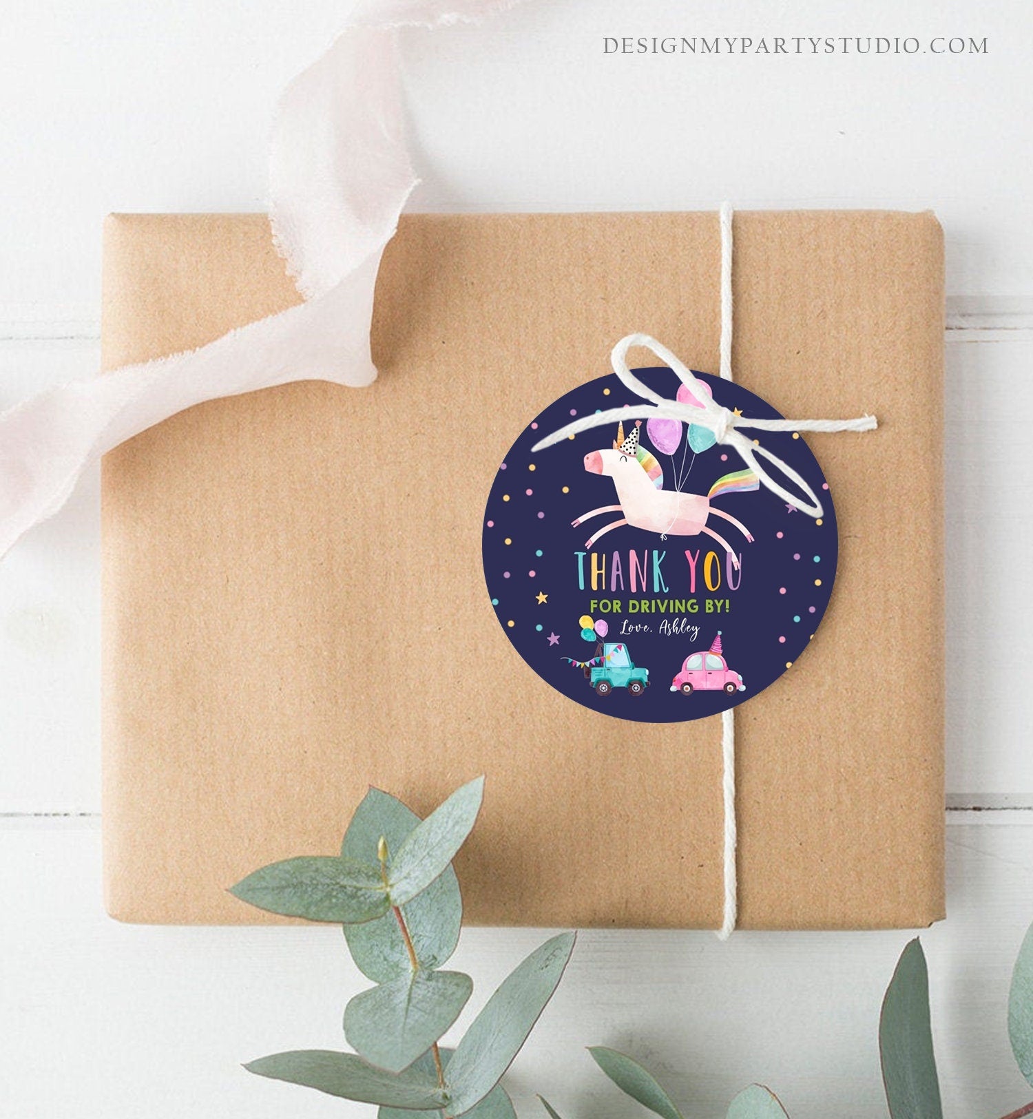 Editable Unicorn Drive By Favor Tag Drive By Birthday Parade Thank You Gift Tags Magical Rainbow Girl Round Sticker Corjl Template 0336