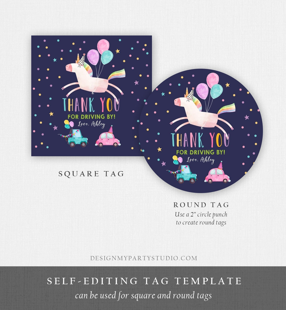 Editable Unicorn Drive By Favor Tag Drive By Birthday Parade Thank You Gift Tags Magical Rainbow Girl Round Sticker Corjl Template 0336