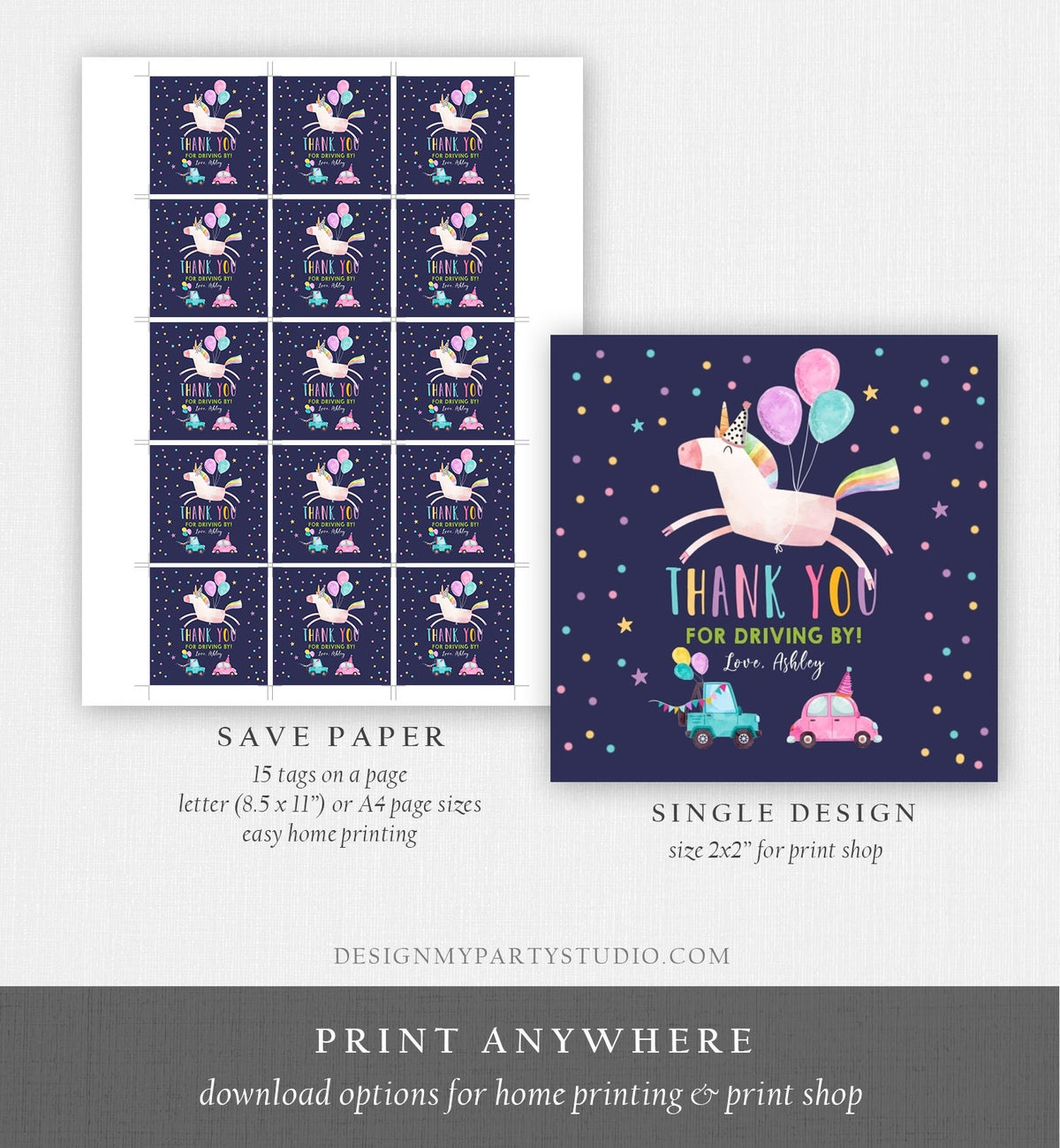 Editable Unicorn Drive By Favor Tag Drive By Birthday Parade Thank You Gift Tags Magical Rainbow Girl Round Sticker Corjl Template 0336