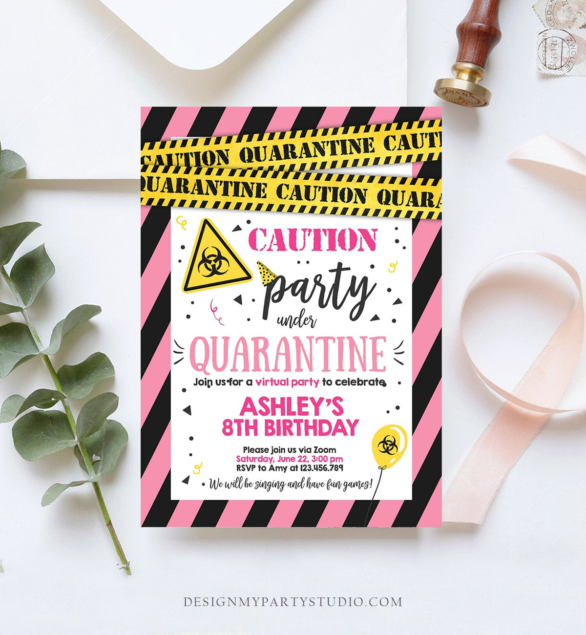 Editable Quarantine Birthday Invitation Virtual Party Quarantine Birthday Party Zoom Birthday Girl Pink Instant Download Digital Corjl 0334