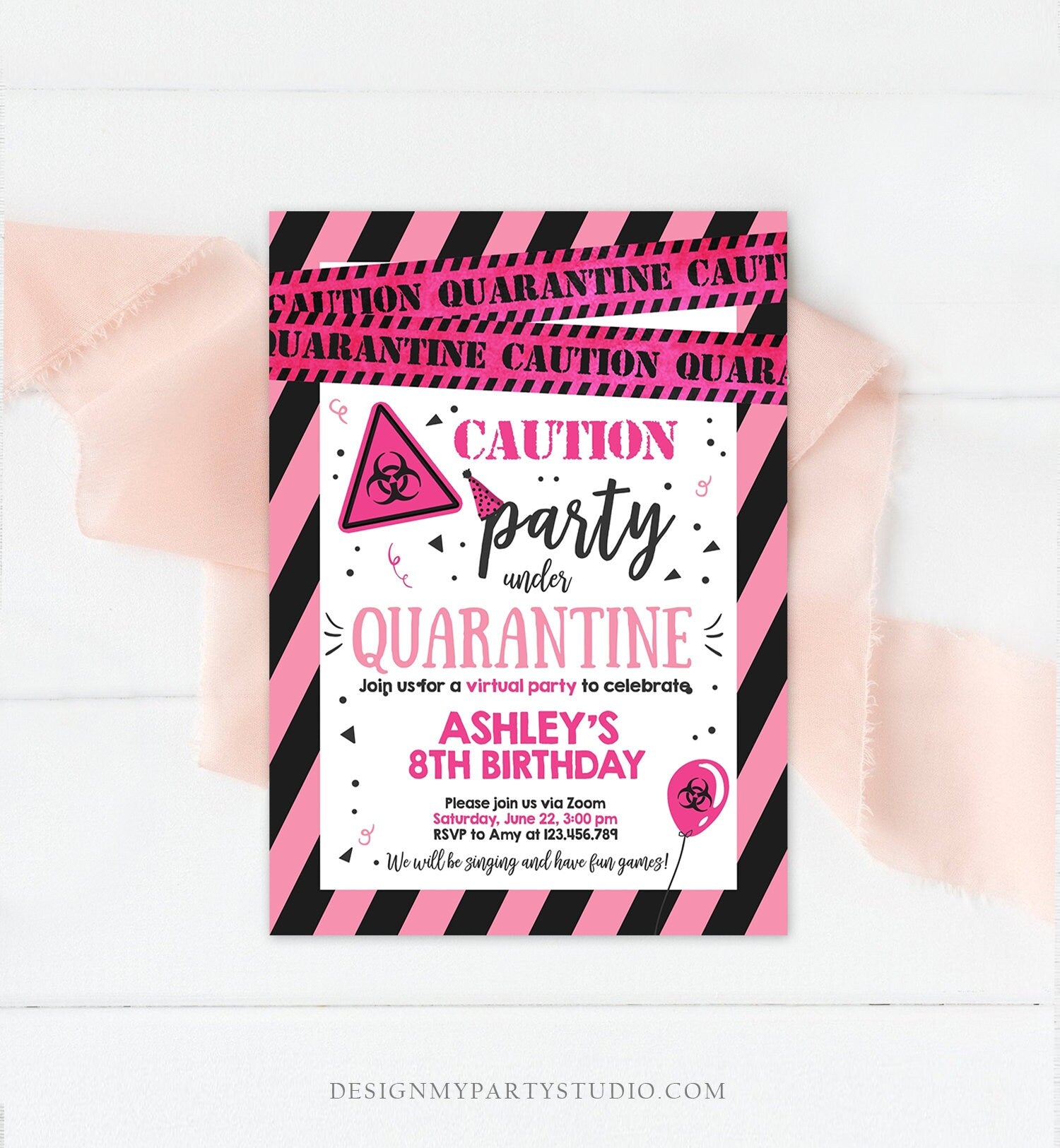 Editable Quarantine Birthday Invitation Virtual Party Quarantine Birthday Party Zoom Birthday Girl Pink Instant Download Digital Corjl 0334