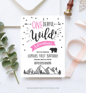 Editable A Onederful Wild Adventure First Birthday Invitation Wild Things Girl Pink Mountains Bear Lumberjack Woodland Corjl Template 0083