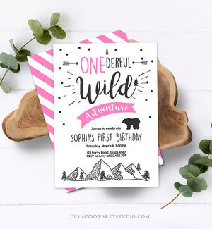 Editable A Onederful Wild Adventure First Birthday Invitation Wild Things Girl Pink Mountains Bear Lumberjack Woodland Corjl Template 0083