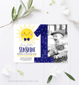 Editable Our Little Sunshine Birthday Invitation You Are My Sunshine Navy Blue Boy Summer 1st Birthday Printable Corjl Template 0141