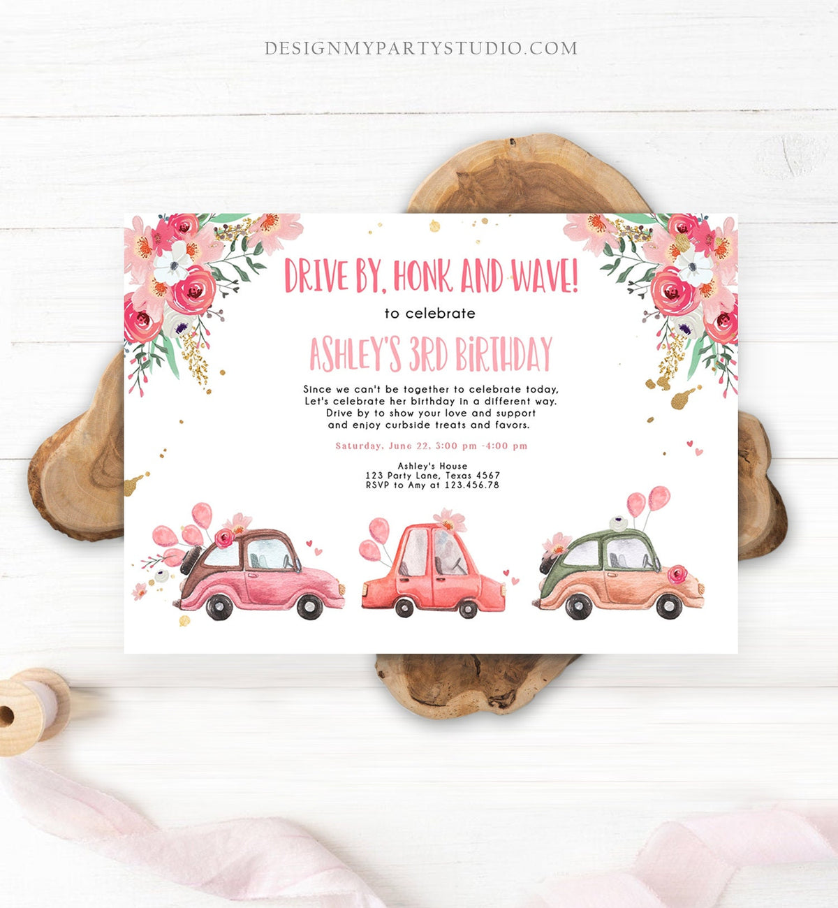 Editable Drive By Birthday Parade Invitation Virtual Party Invite Honk Wave Car Girl Pink Quarantine Drive Through Digital Corjl 0335
