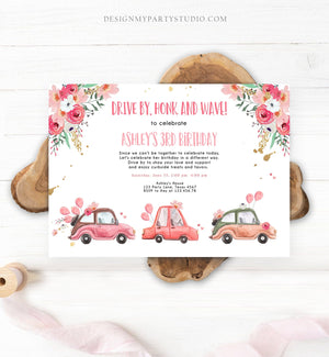 Editable Drive By Birthday Parade Invitation Virtual Party Invite Honk Wave Car Girl Pink Quarantine Drive Through Digital Corjl 0335
