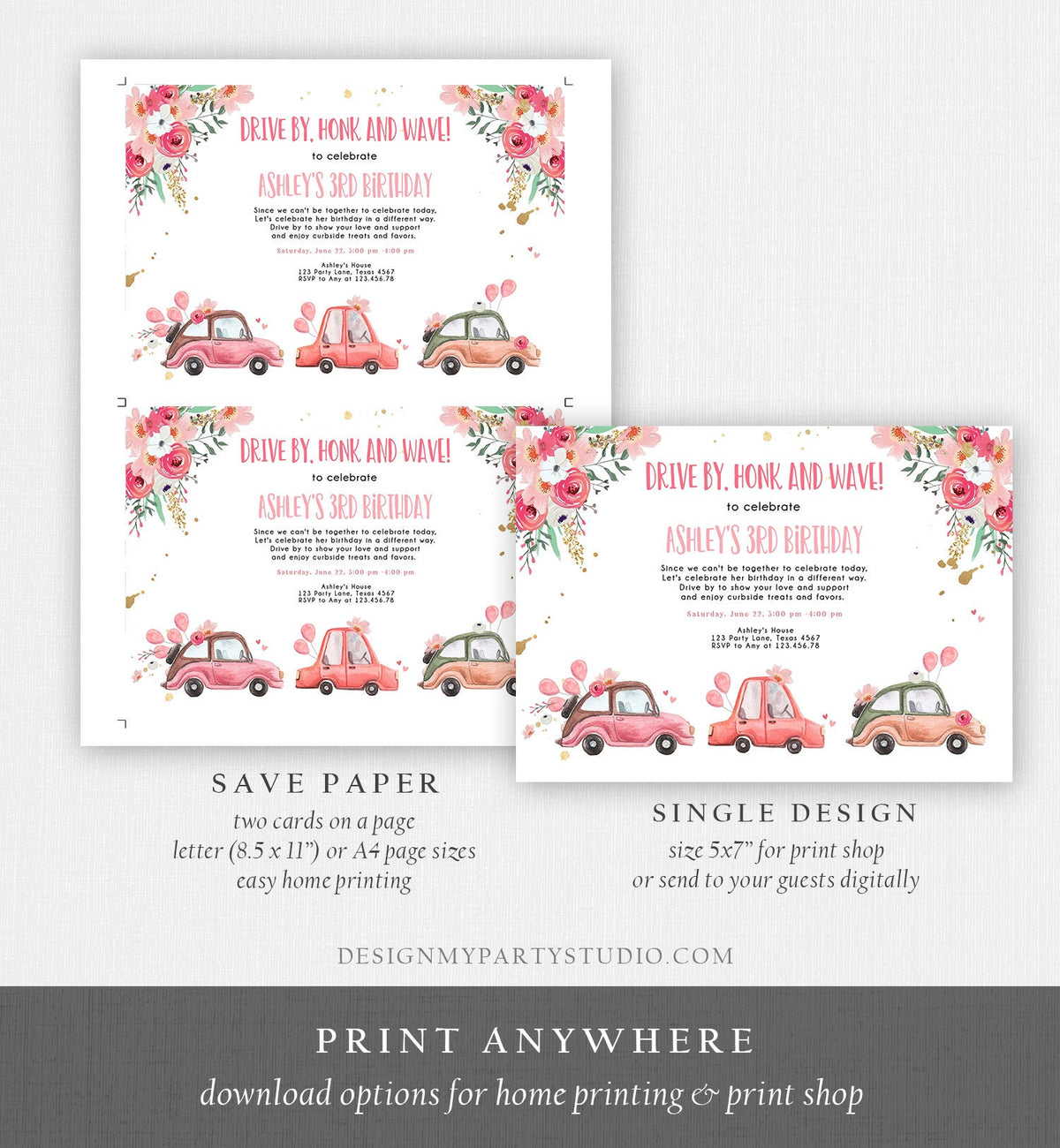 Editable Drive By Birthday Parade Invitation Virtual Party Invite Honk Wave Car Girl Pink Quarantine Drive Through Digital Corjl 0335