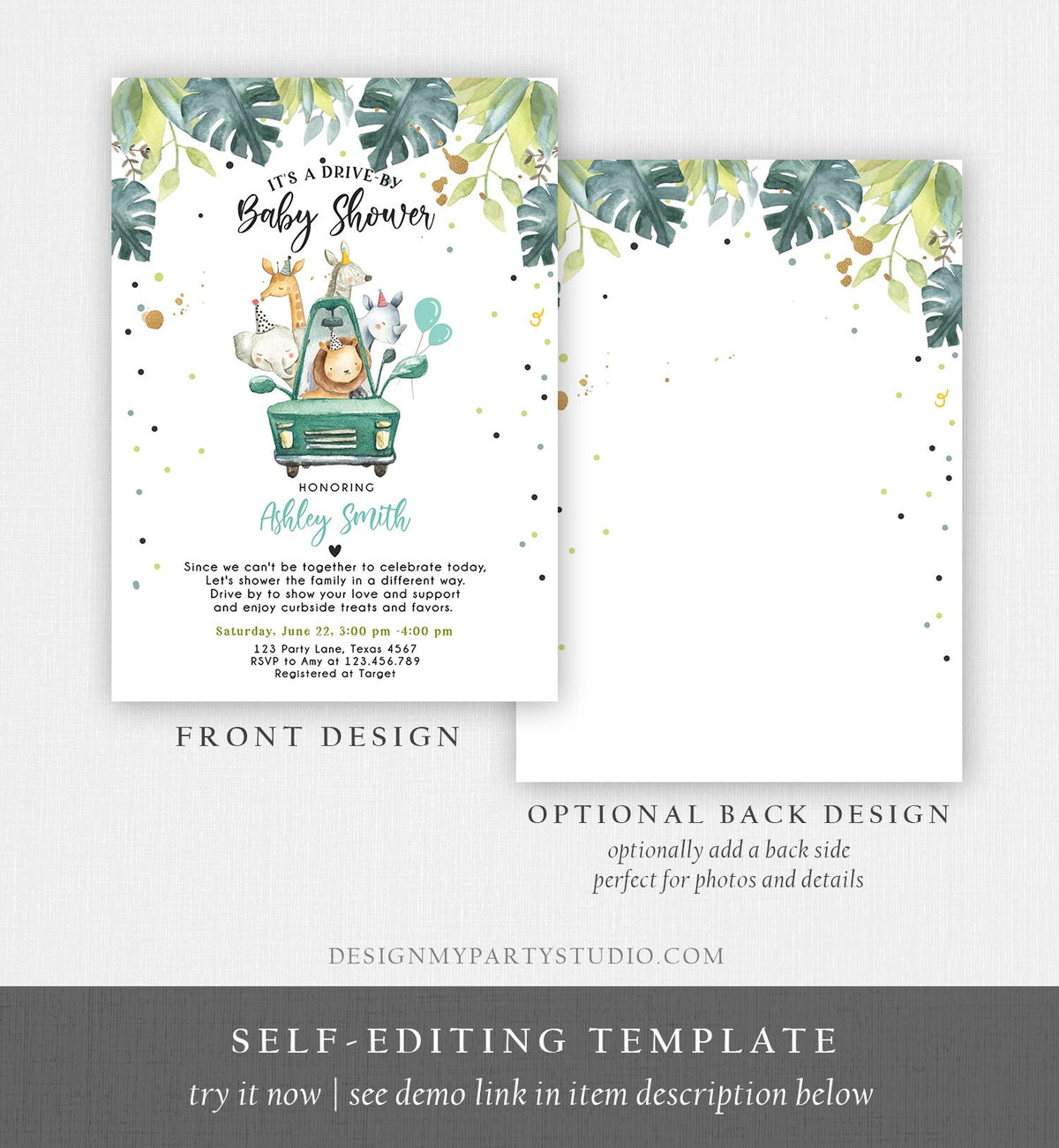 Editable Drive By Baby Shower Invitation Safari Animals Coed Shower Drive Through Quarantine Blue Boy Sprinkle Template Download Corjl 0345