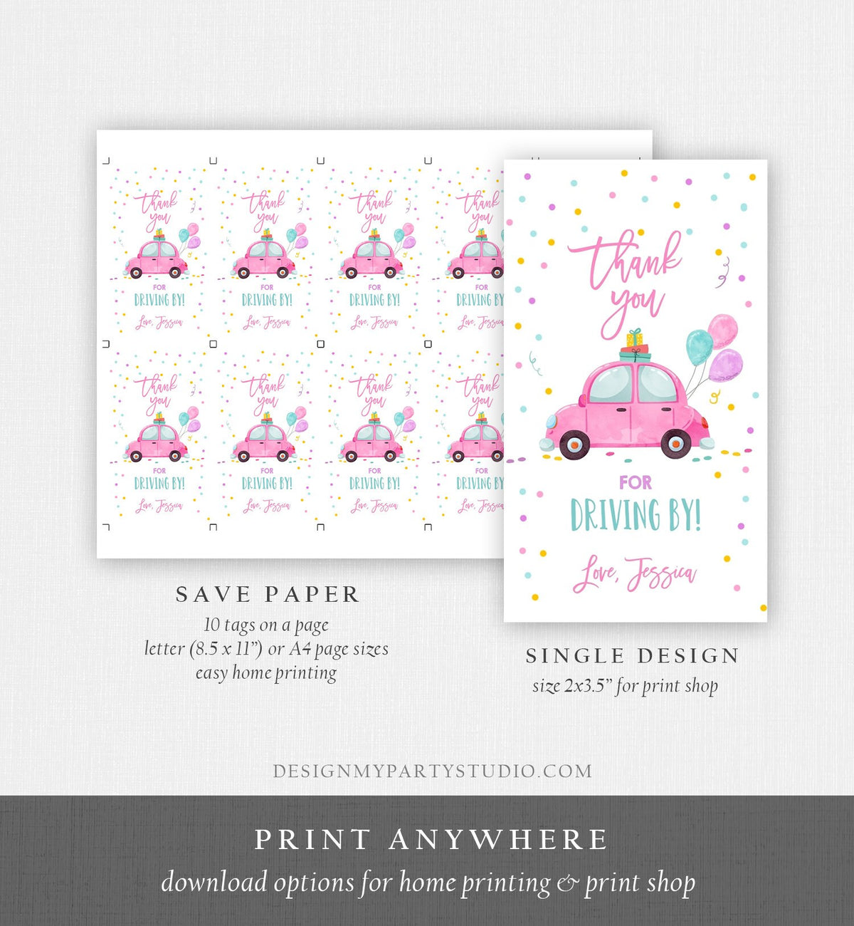 Editable Drive By Favor Tag Drive By Birthday Favors Party Parade Thank You Gift Tags Quarantine Pink Car Girl Corjl Template Printable 0333
