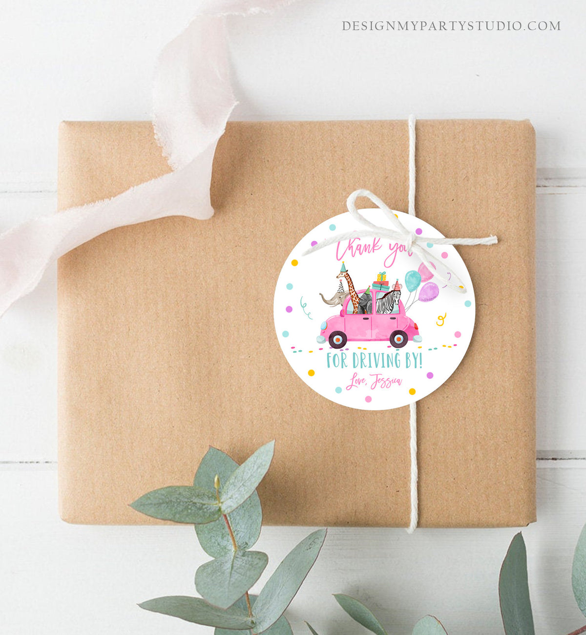 Editable Drive By Favor Tag Safari Animals Birthday Party Parade Thank You Gift Quarantine Pink Car Girl Round Square Corjl Template 0333