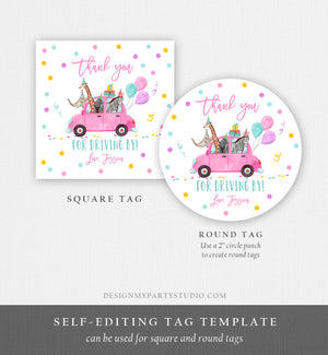 Editable Drive By Favor Tag Safari Animals Birthday Party Parade Thank You Gift Quarantine Pink Car Girl Round Square Corjl Template 0333