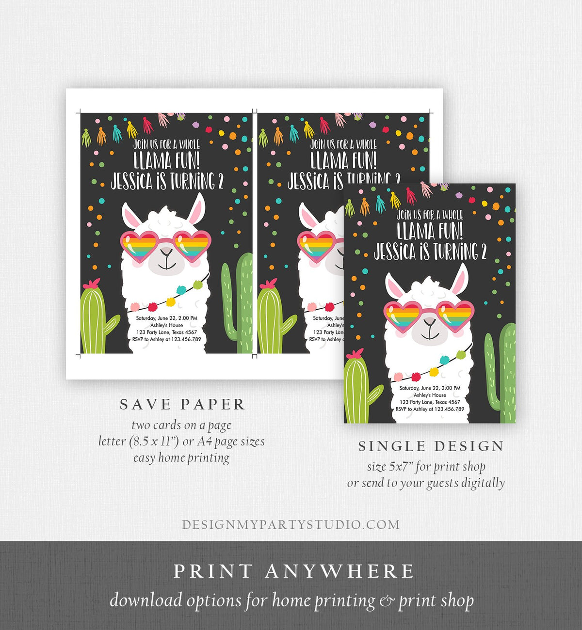 Editable Whole Llama Fun Birthday Invitation Fiesta Llama Cactus Mexican Party Chalk Sunglasses Girl Alpaca Corjl Template Printable 0079