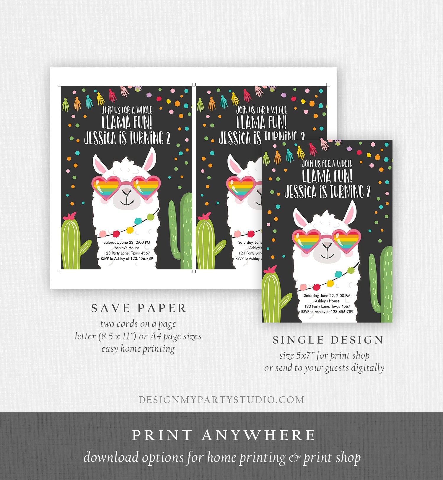 Editable Whole Llama Fun Birthday Invitation Fiesta Llama Cactus Mexican Party Chalk Sunglasses Girl Alpaca Corjl Template Printable 0079