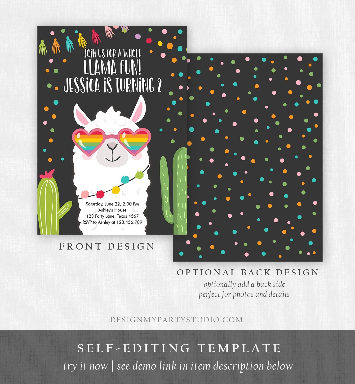Editable Whole Llama Fun Birthday Invitation Fiesta Llama Cactus Mexican Party Chalk Sunglasses Girl Alpaca Corjl Template Printable 0079