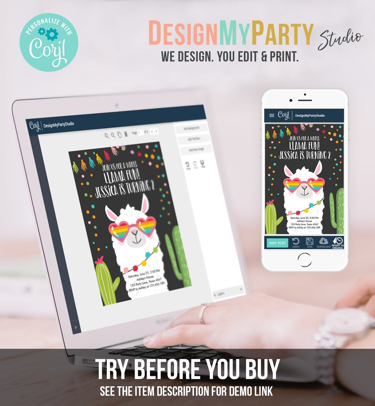 Editable Whole Llama Fun Birthday Invitation Fiesta Llama Cactus Mexican Party Chalk Sunglasses Girl Alpaca Corjl Template Printable 0079