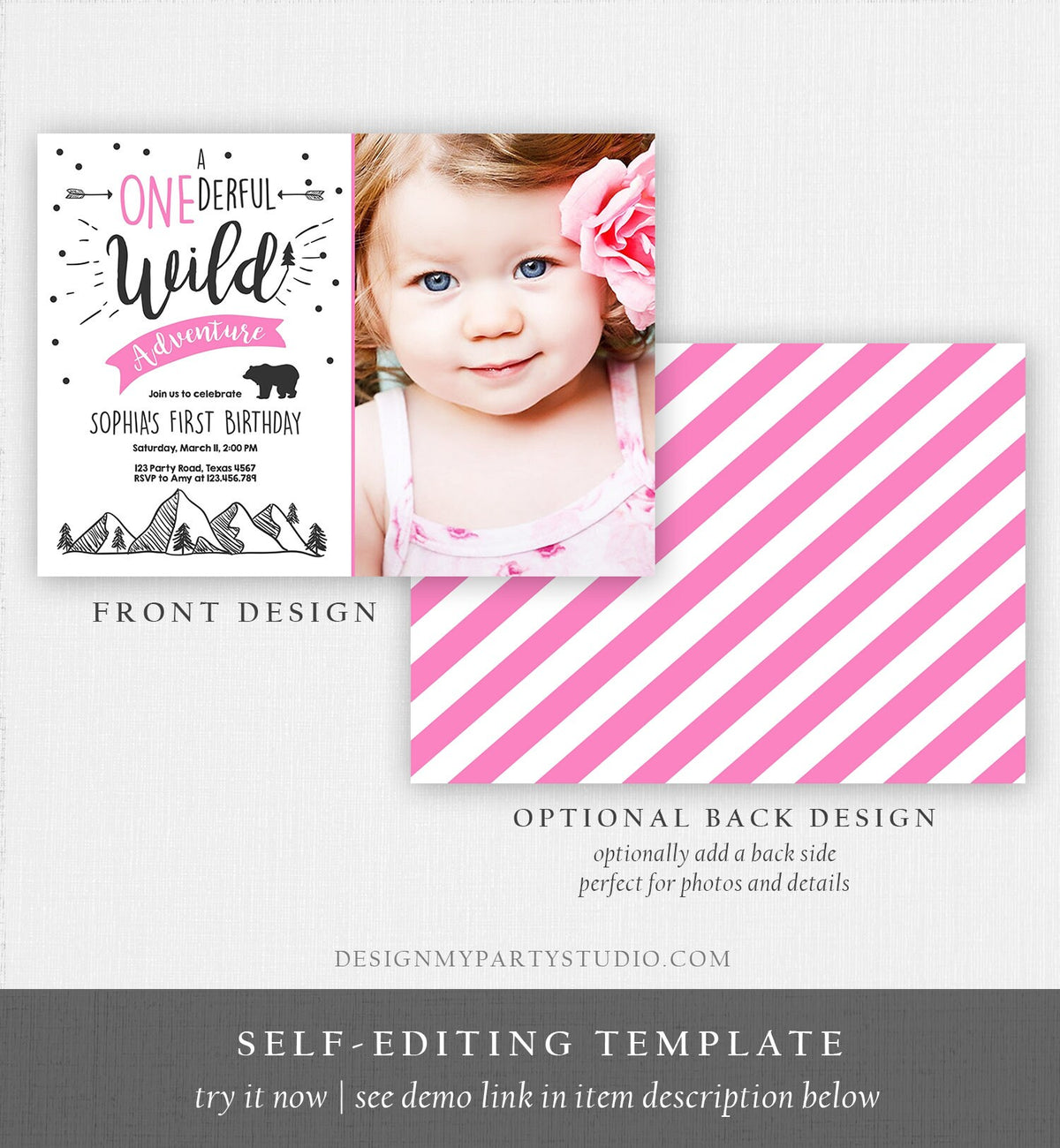 Editable A Onederful Wild Adventure First Birthday Invitation Wild Things Girl Pink Mountains Bear Lumberjack Woodland Corjl Template 0083