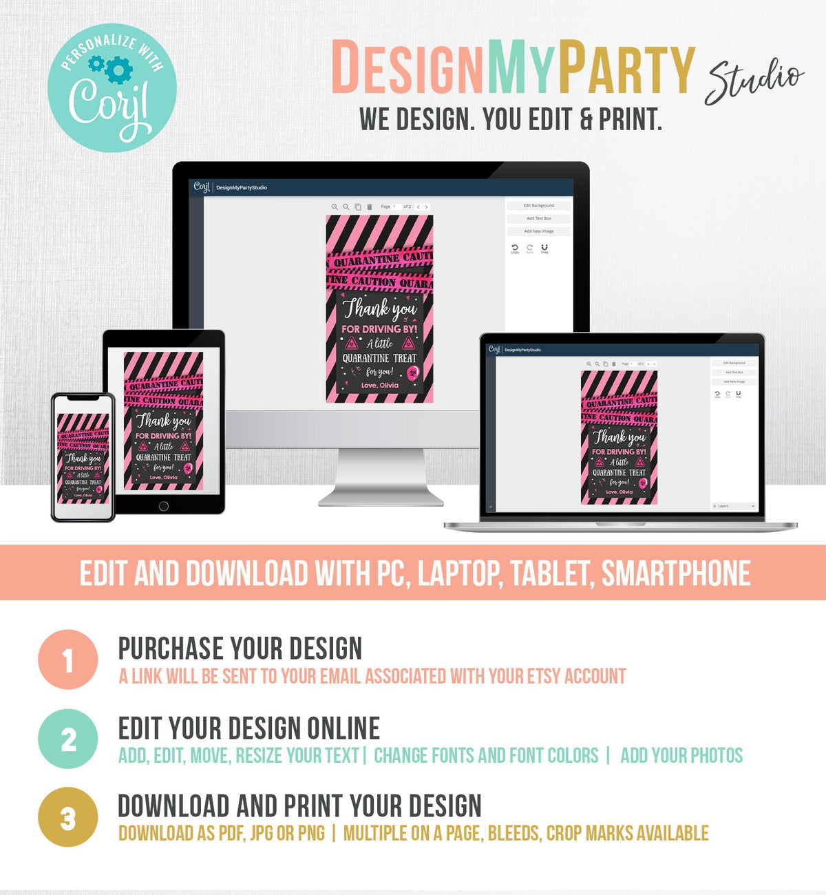 Editable Drive By Birthday Favor Tags Pink Girl Quarantine Thank You Tag Drive Through Party No One Invited Corjl Template Printable 0334