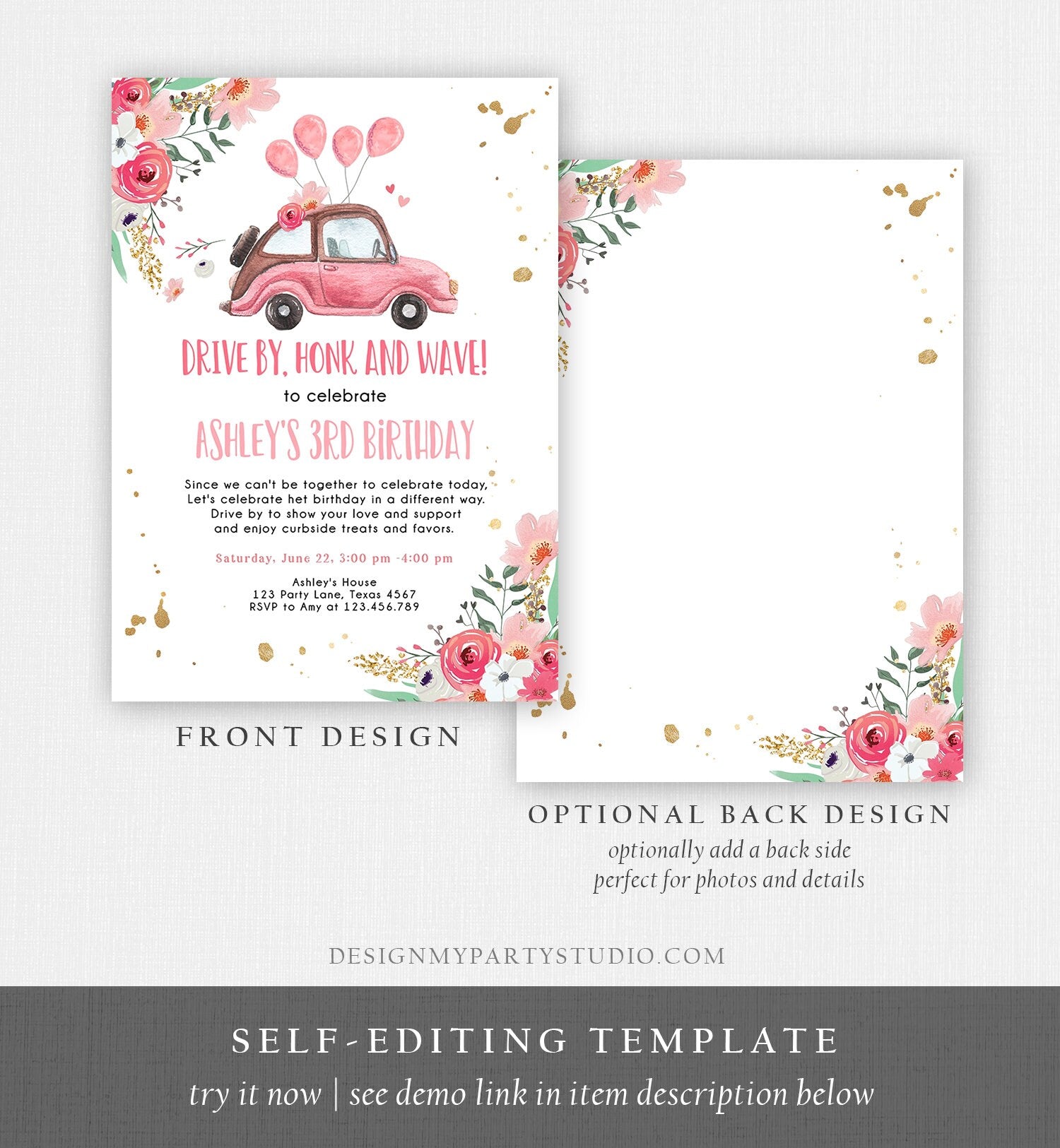 Editable Drive By Birthday Parade Invitation Virtual Party Invite Honk Wave Car Girl Pink Quarantine Instant Download Digital Corjl 0335