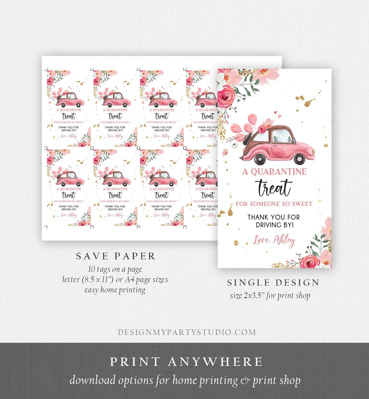 Editable Drive By Favor Tag Drive Through Baby Shower Bridal Shower Birthday Thank You Gift Tags Quarantine Pink Floral Girl Corjl 0335