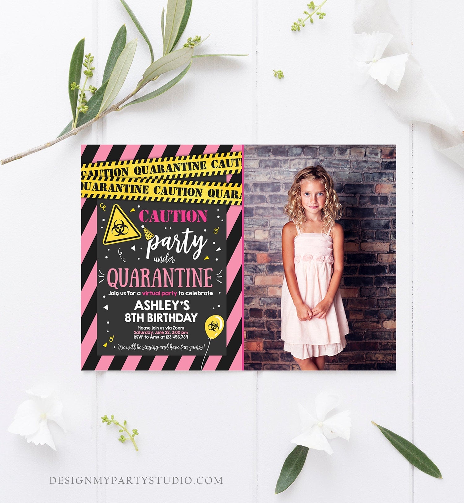 Editable Quarantine Birthday Invitation Virtual Party Quarantine Party Zoom Girl Pink No One Invited Hangout Corjl Template Printable 0334