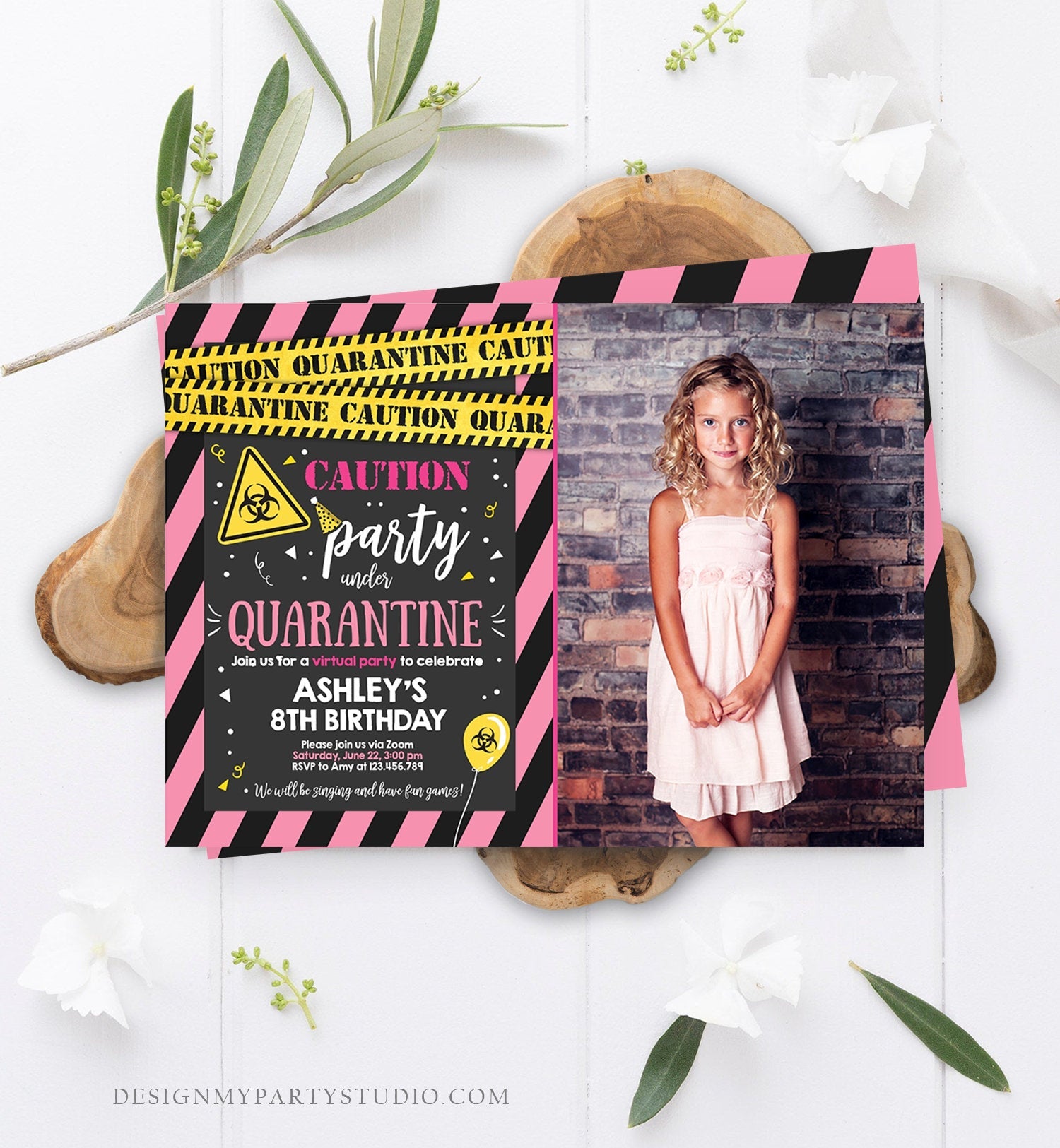 Editable Quarantine Birthday Invitation Virtual Party Quarantine Party Zoom Girl Pink No One Invited Hangout Corjl Template Printable 0334