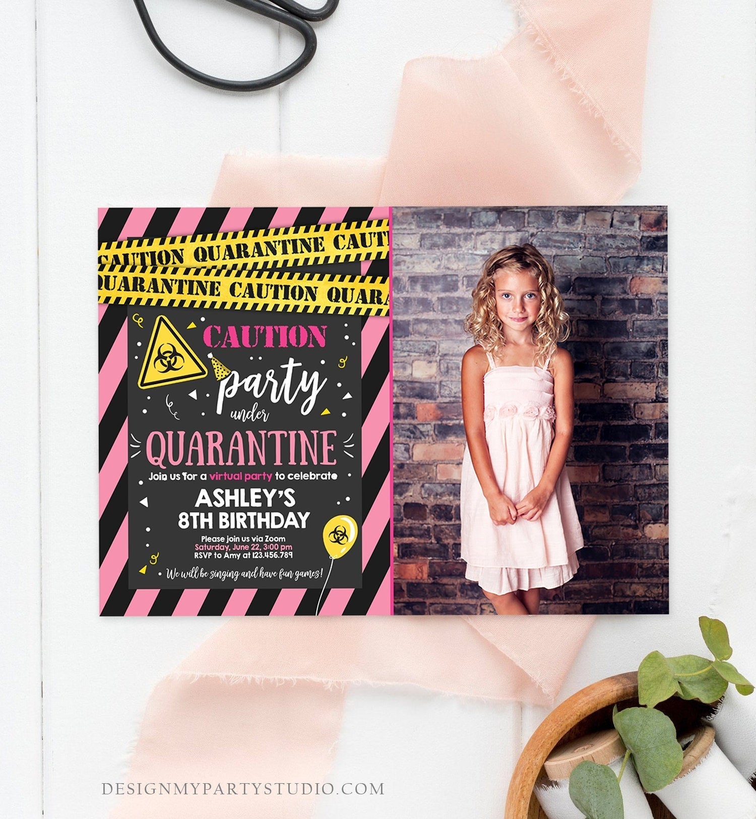 Editable Quarantine Birthday Invitation Virtual Party Quarantine Party Zoom Girl Pink No One Invited Hangout Corjl Template Printable 0334