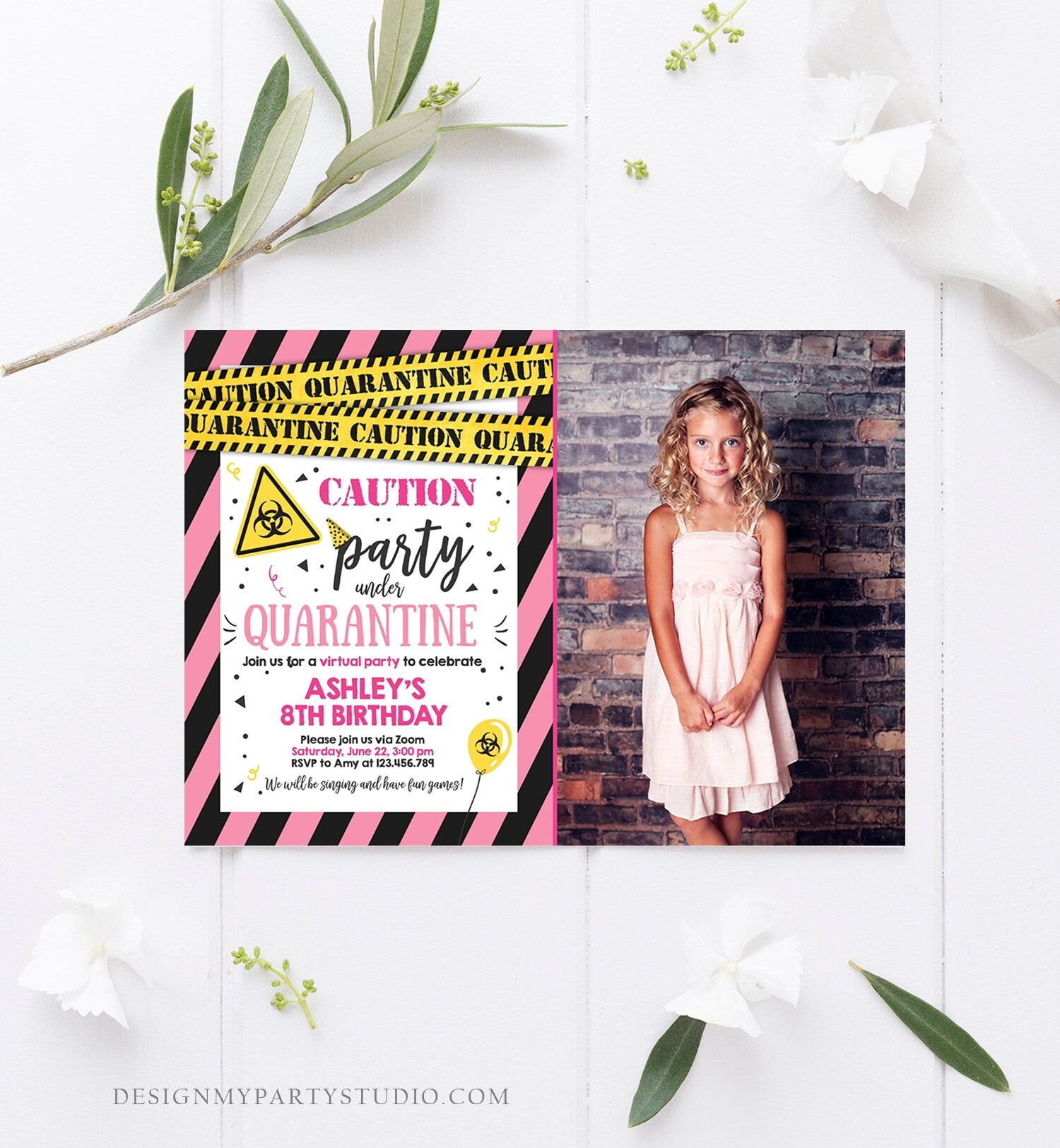 Editable Quarantine Birthday Invitation Virtual Party Quarantine Party Zoom Girl Pink No One Invited Hangout Corjl Template Printable 0334