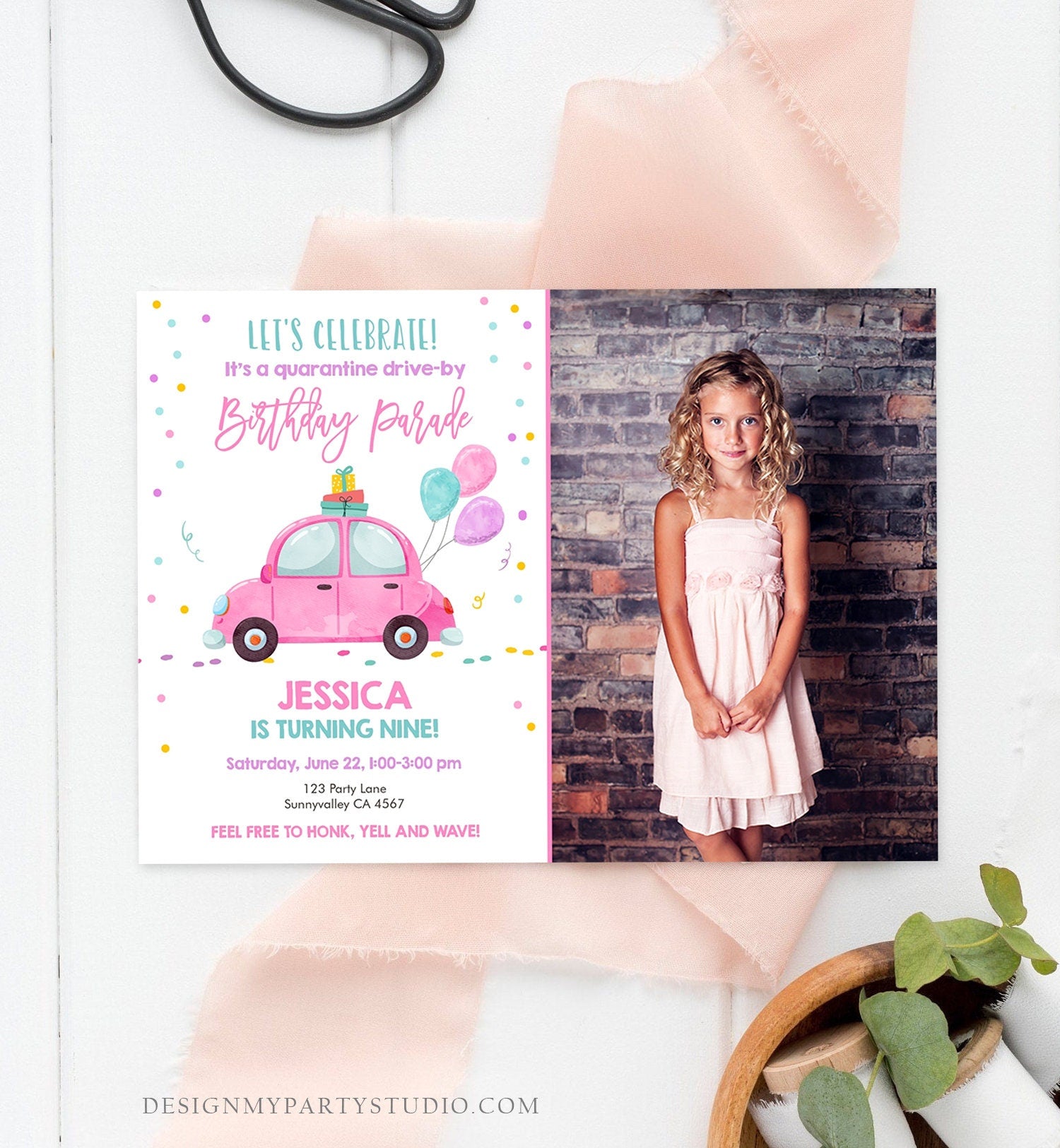 Editable Drive By Birthday Parade Invitation Virtual Birthday Party Invite Girl Pink Car Kid Quarantine Download Digital Corjl Template 0333