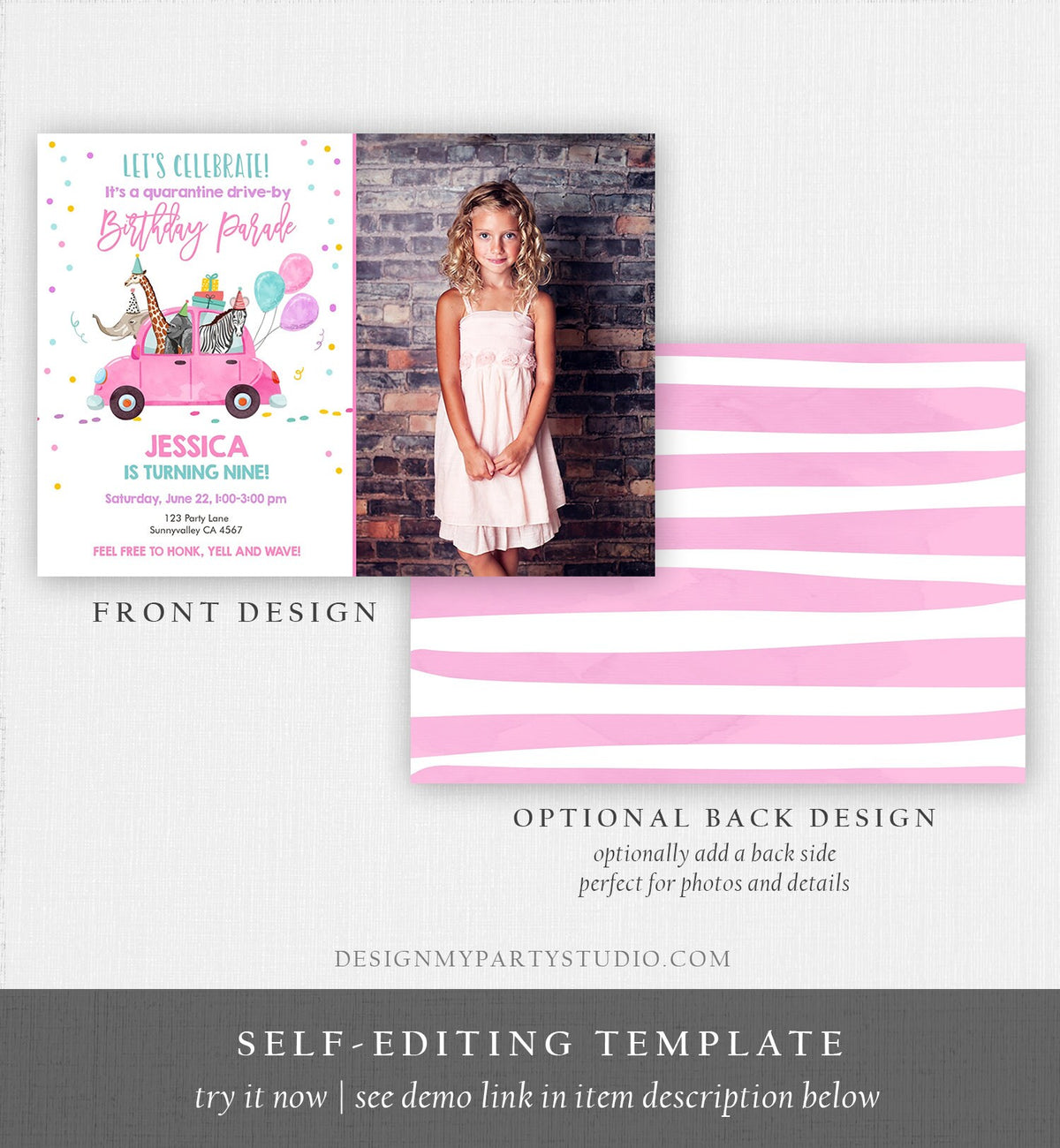 Editable Drive By Birthday Parade Invitation Party Animals Virtual Birthday Party Girl Pink Car Quarantine Digital Corjl Template 0333