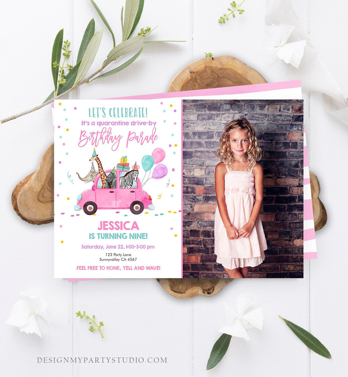 Editable Drive By Birthday Parade Invitation Party Animals Virtual Birthday Party Girl Pink Car Quarantine Digital Corjl Template 0333