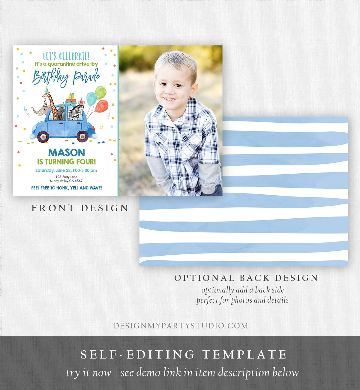 Editable Drive By Birthday Parade Invitation Virtual Party Invite Honk Wave Boy Blue Car Party Animals Instant Download Digital Corjl 0333