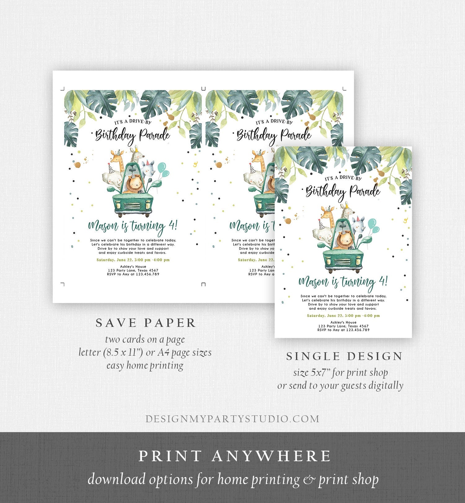 Editable Drive By Birthday Invitation Safari Animals Party Animals Drive Through Quarantine Blue Boy Car Download Corjl Template 0345