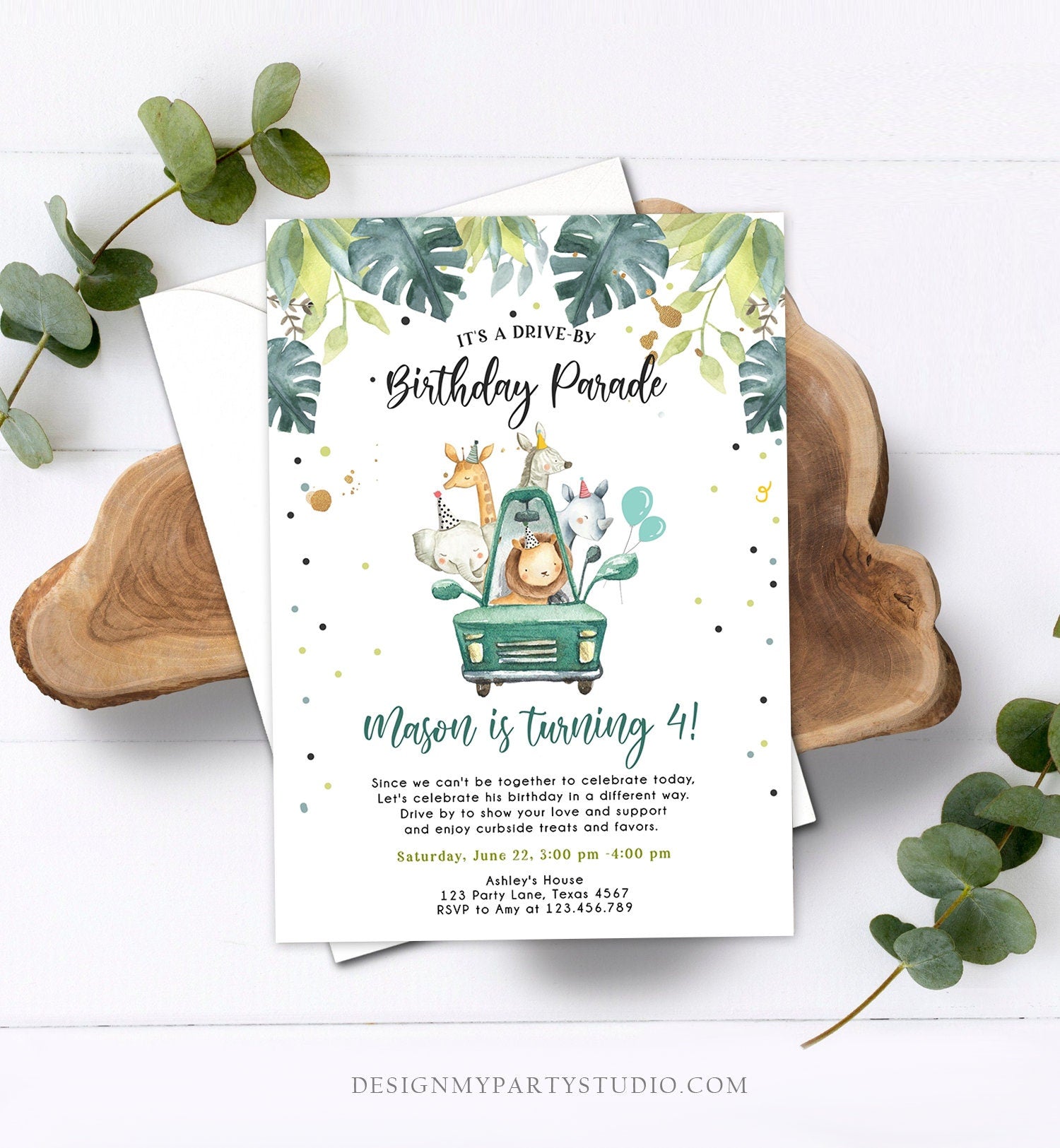 Editable Drive By Birthday Invitation Safari Animals Party Animals Drive Through Quarantine Blue Boy Car Download Corjl Template 0345