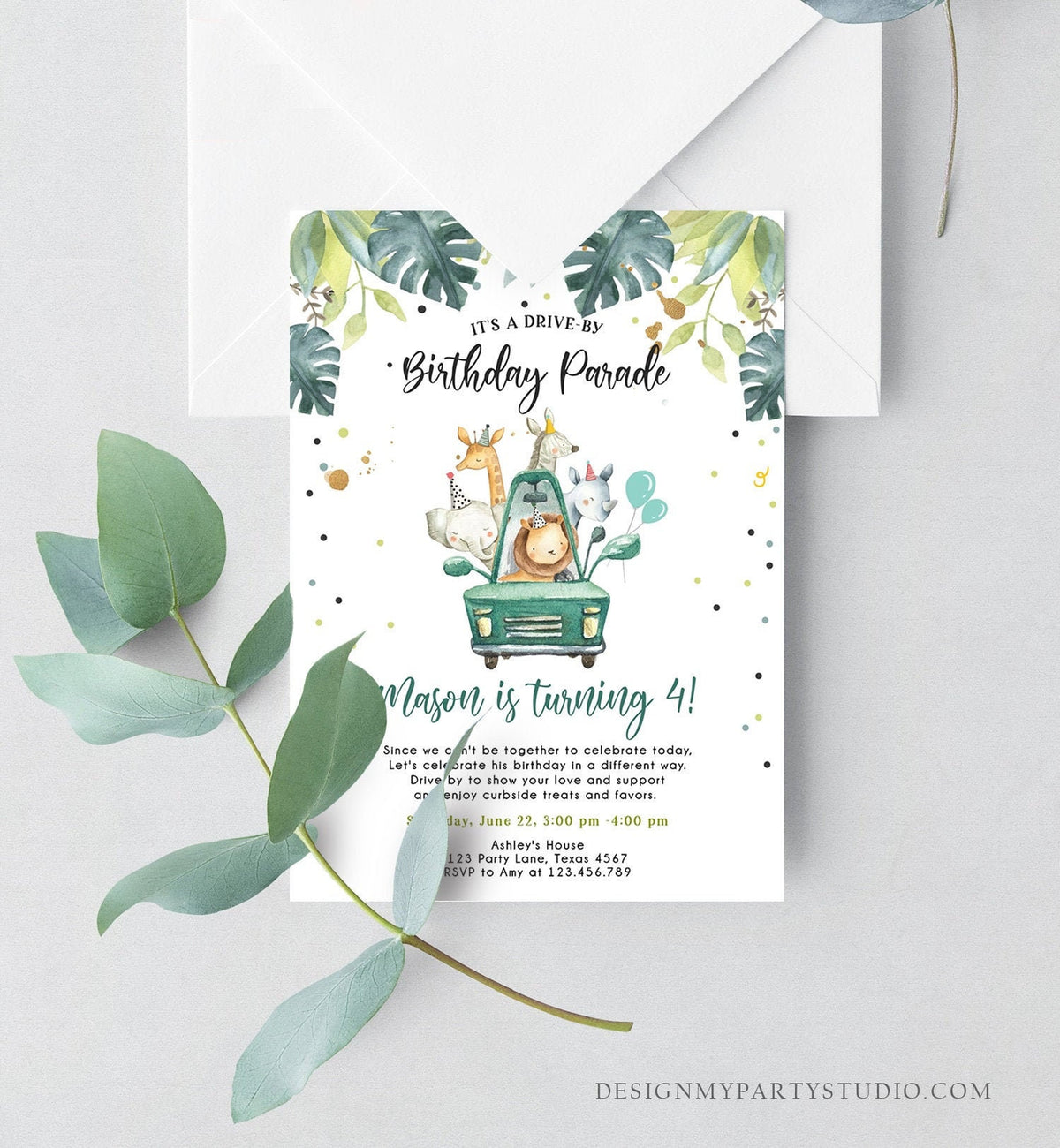 Editable Drive By Birthday Invitation Safari Animals Party Animals Drive Through Quarantine Blue Boy Car Download Corjl Template 0345