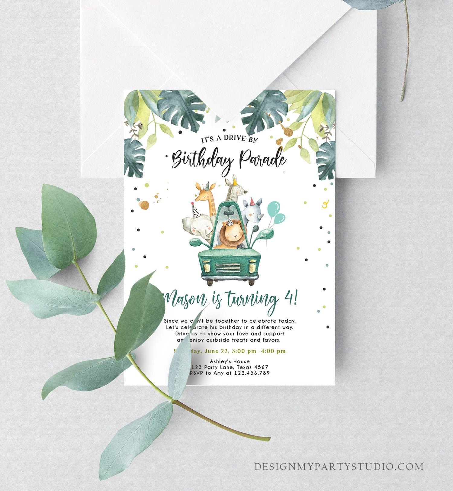 Editable Drive By Birthday Invitation Safari Animals Party Animals Drive Through Quarantine Blue Boy Car Download Corjl Template 0345