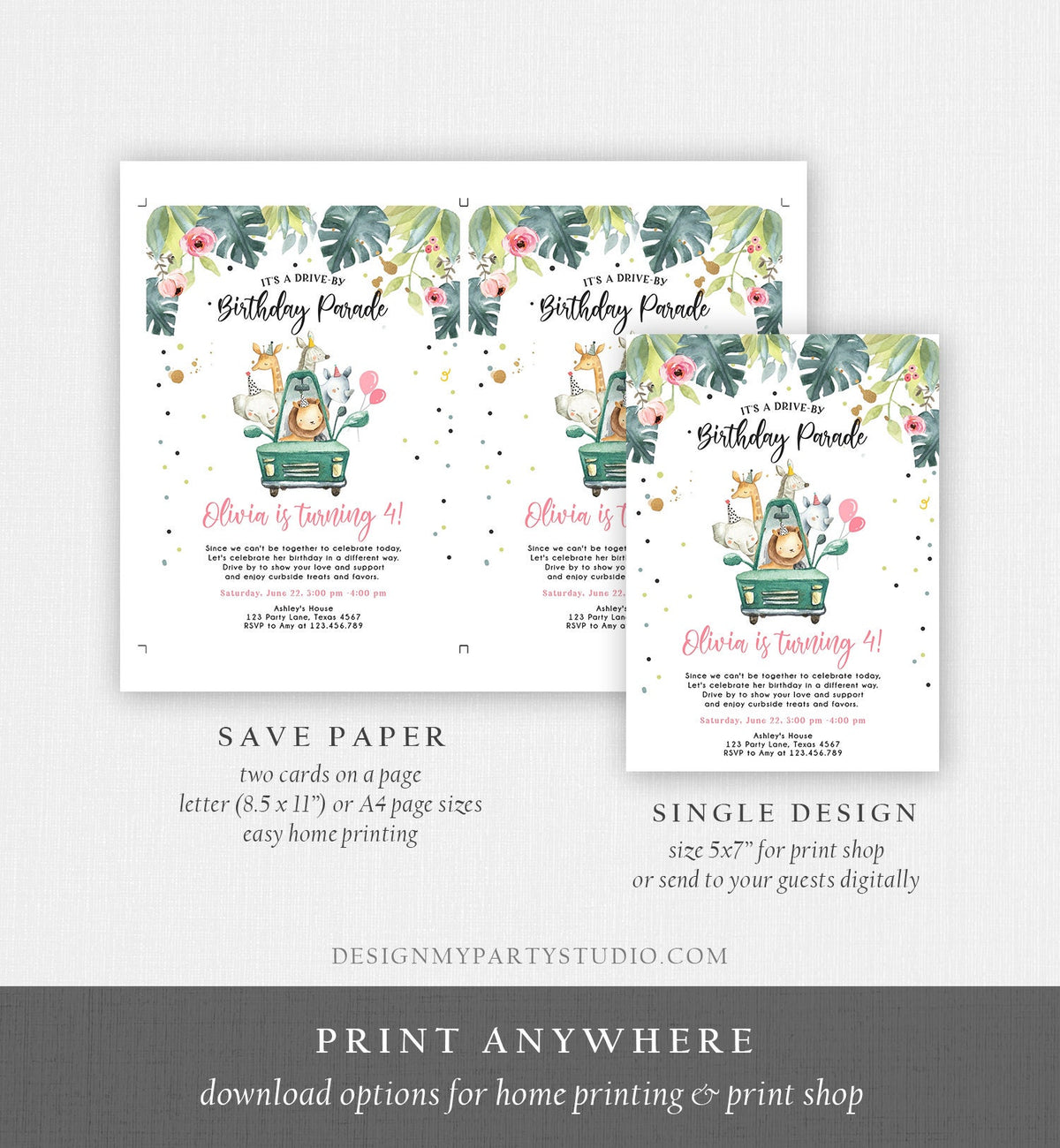 Editable Drive By Birthday Invitation Safari Animals Party Animals Drive Through Quarantine Pink Girl Car Download Corjl Template 0345