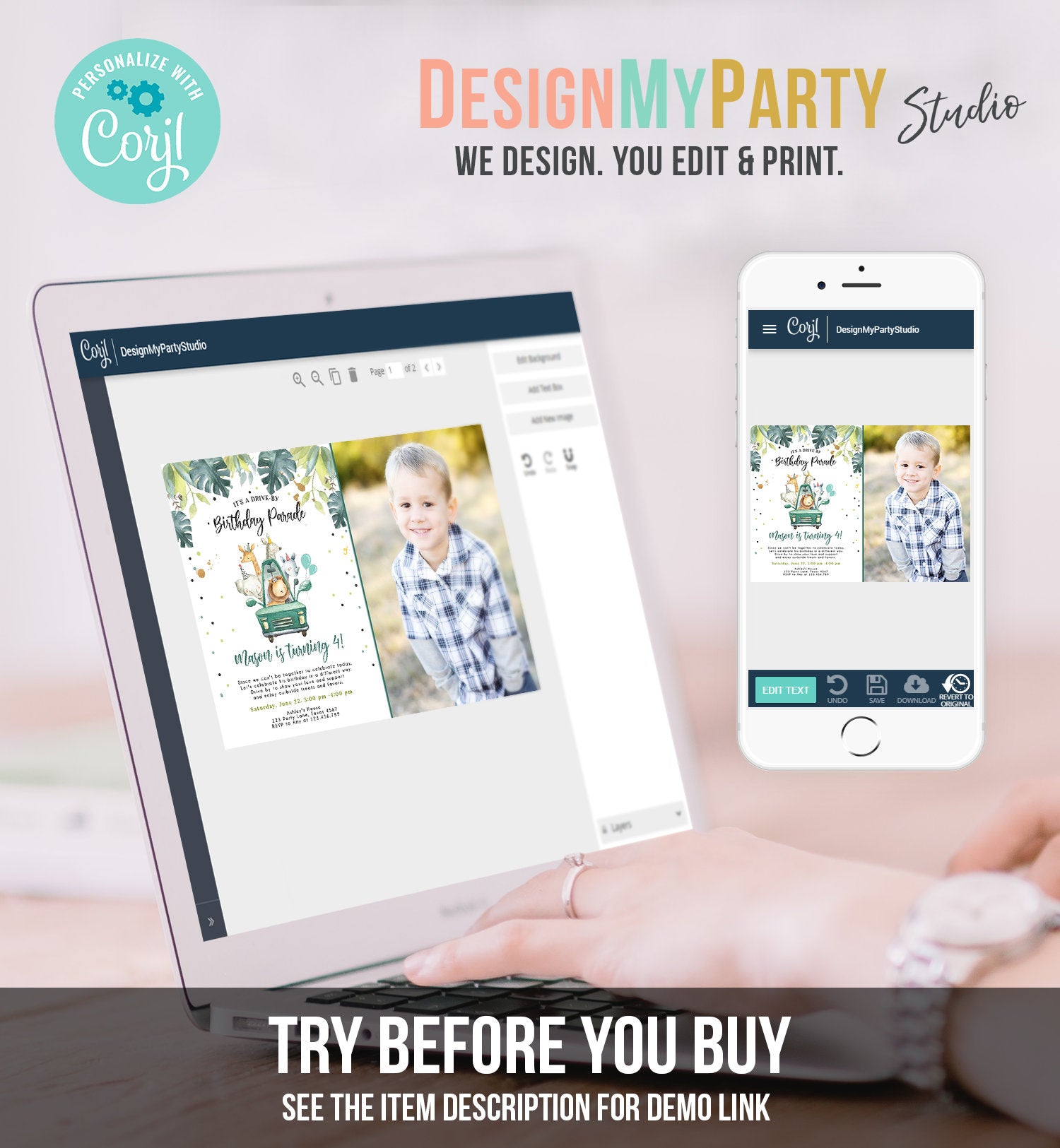 Editable Drive By Birthday Invitation Safari Animals Party Animals Drive Through Quarantine Blue Boy Car Download Corjl Template 0163