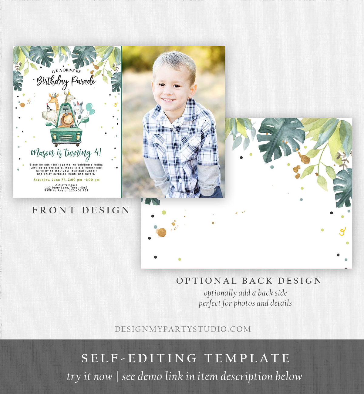 Editable Drive By Birthday Invitation Safari Animals Party Animals Drive Through Quarantine Blue Boy Car Download Corjl Template 0163