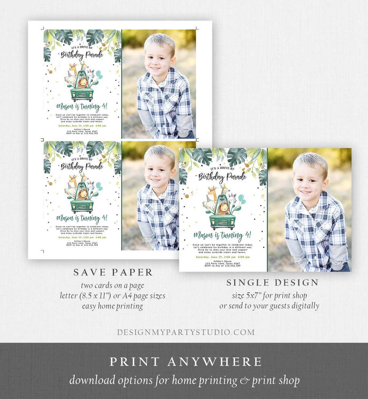 Editable Drive By Birthday Invitation Safari Animals Party Animals Drive Through Quarantine Blue Boy Car Download Corjl Template 0163