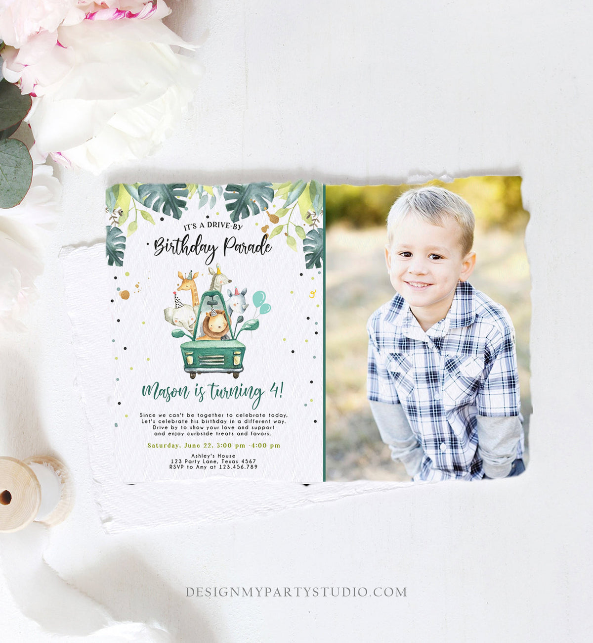 Editable Drive By Birthday Invitation Safari Animals Party Animals Drive Through Quarantine Blue Boy Car Download Corjl Template 0163