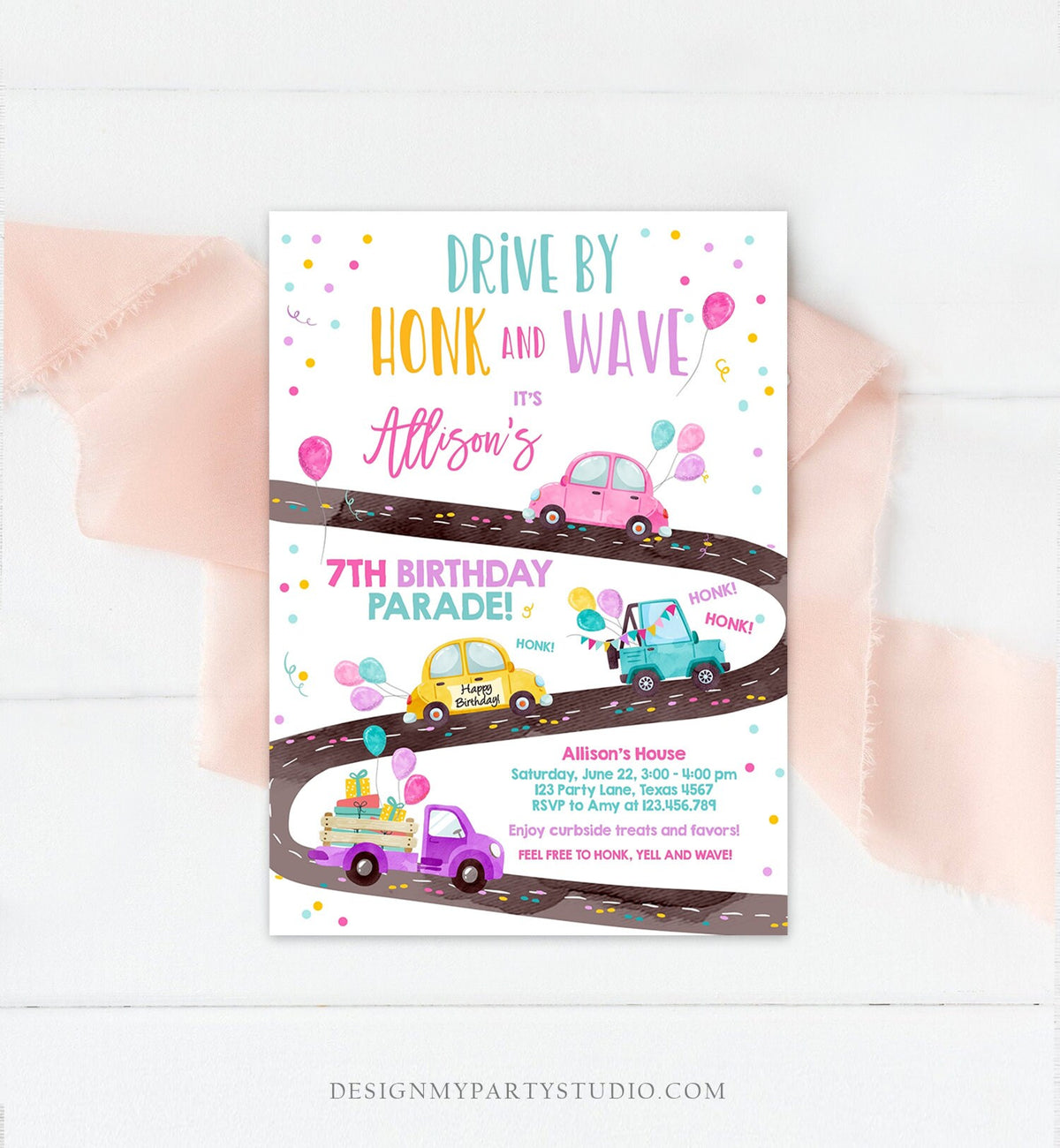 Editable Drive By Birthday Parade Invitation Virtual Party Invite Honk Wave Car Girl Pink Quarantine Instant Download Digital Corjl 0333