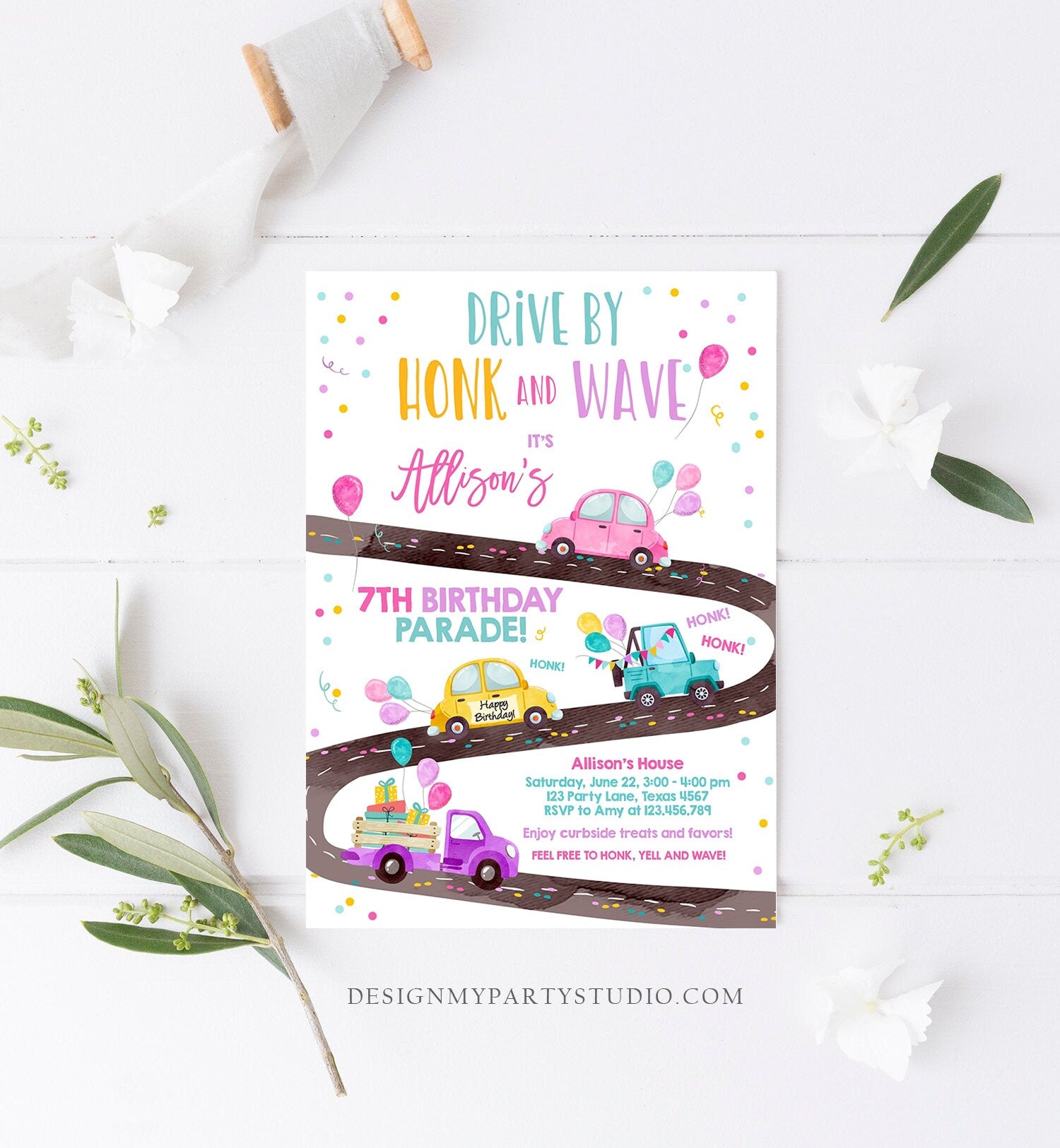 Editable Drive By Birthday Parade Invitation Virtual Party Invite Honk Wave Car Girl Pink Quarantine Instant Download Digital Corjl 0333