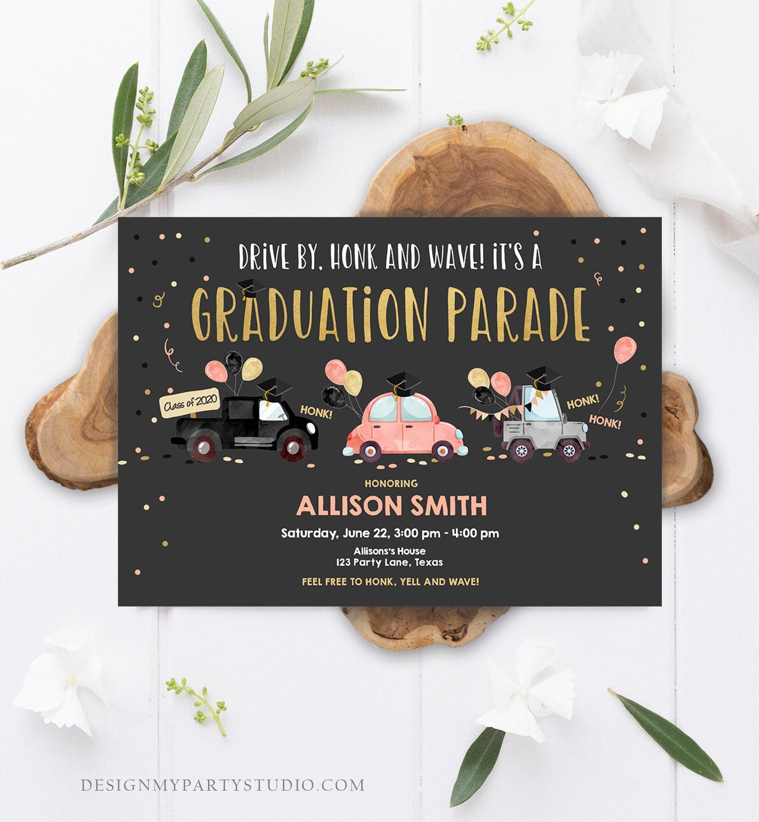 Editable Drive By Graduation Parade Invitation Virtual Party Coral Girl Graduate High School Grad Class 2021 Quarantine Digital Corjl 0337